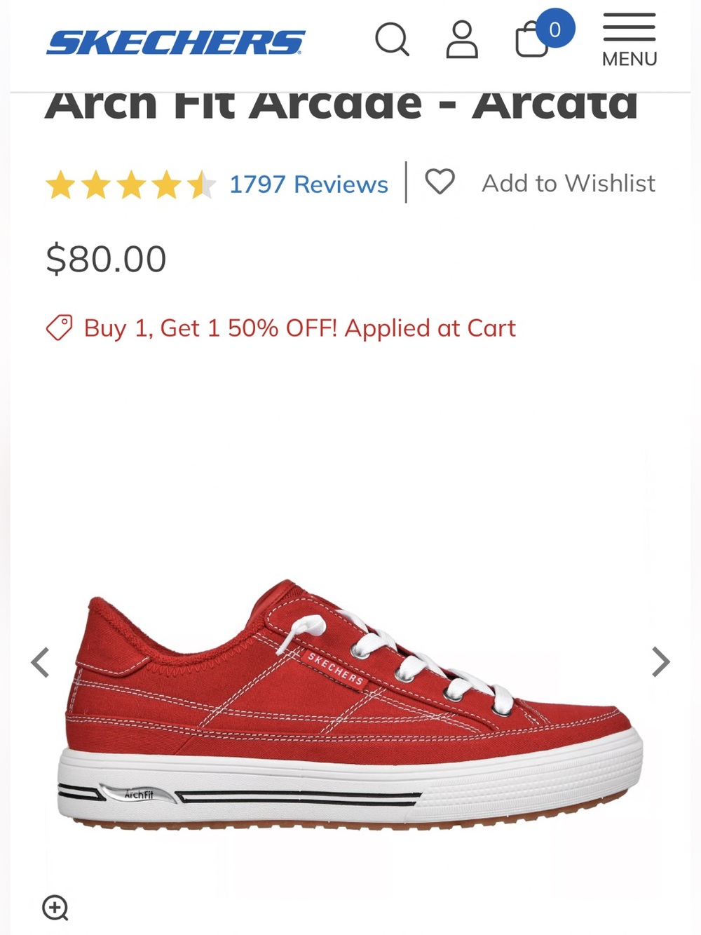 Skechers Arch Fit Arcade-Arcata Womens 7.5 Red Canvas Vegan Sneakers Like New
